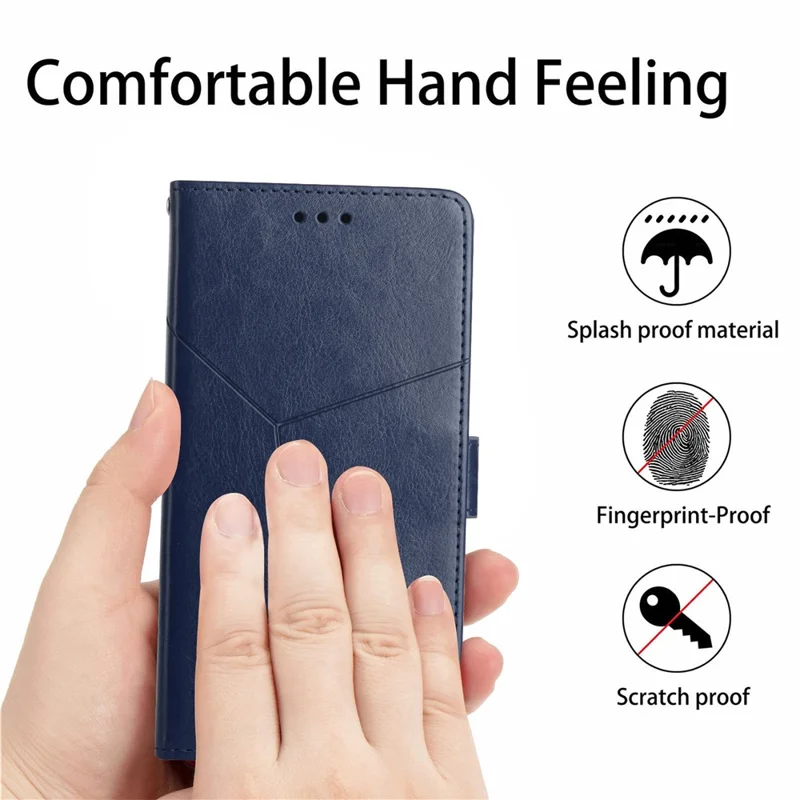 For iPhone 17e / 16e Case with Wrist Strap Y Shaped Lines Imprint Leather Phone Cover - Blue