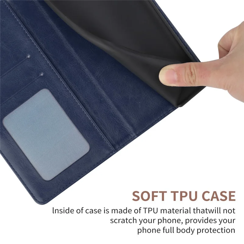 For iPhone 17e / 16e Case with Wrist Strap Y Shaped Lines Imprint Leather Phone Cover - Blue
