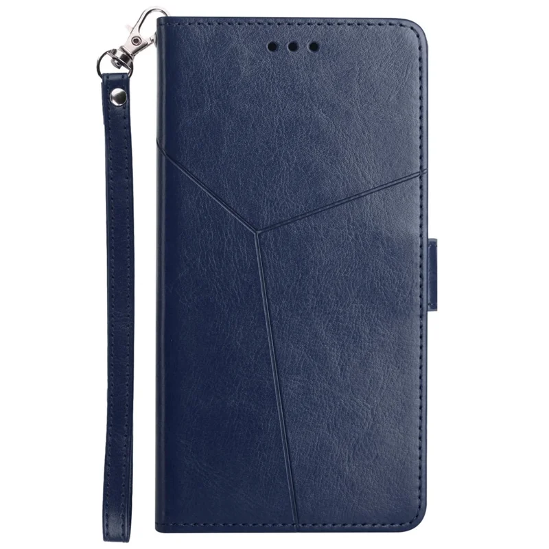 For iPhone 17e / 16e Case with Wrist Strap Y Shaped Lines Imprint Leather Phone Cover - Blue