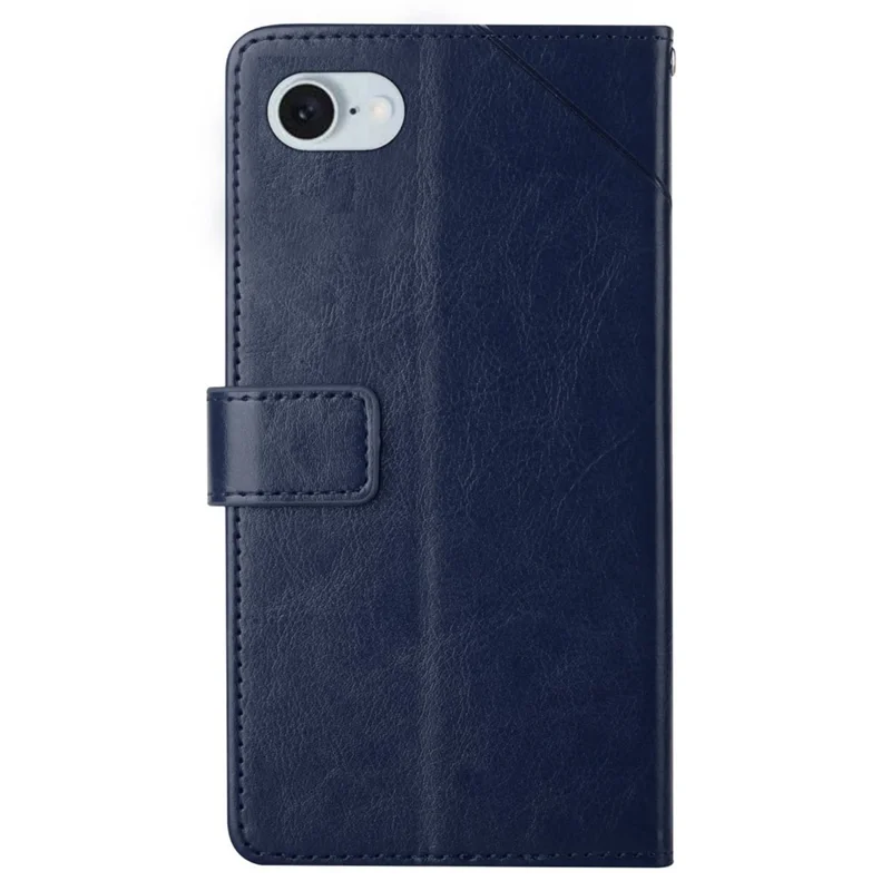 For iPhone 17e / 16e Case with Wrist Strap Y Shaped Lines Imprint Leather Phone Cover - Blue