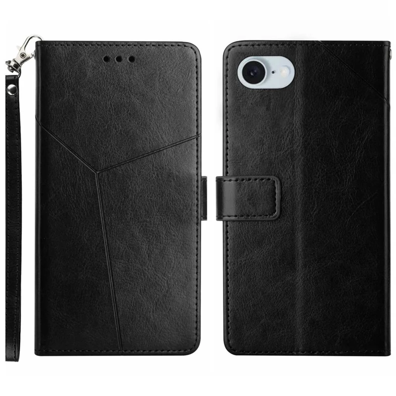 For iPhone 17e / 16e Case with Wrist Strap Y Shaped Lines Imprint Leather Phone Cover - Black