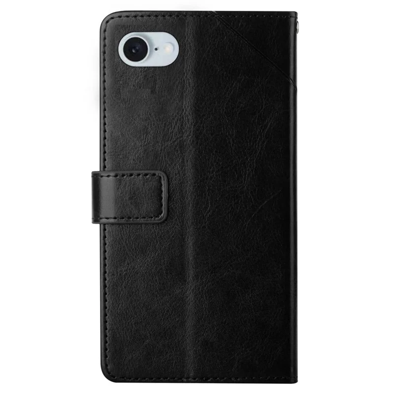 For iPhone 17e / 16e Case with Wrist Strap Y Shaped Lines Imprint Leather Phone Cover - Black