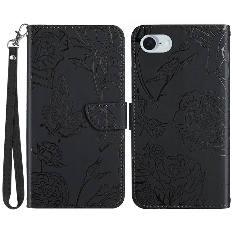 HT03 For iPhone 16e Leather Case Imprinted Phone Cover with Strap - Black