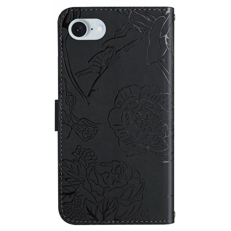 HT03 For iPhone 16e Leather Case Imprinted Phone Cover with Strap - Black