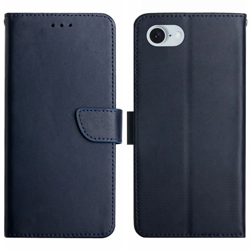 HT02 For iPhone 17e / 16e Cell Phone Cases Nappa Texture Genuine Cow Leather Stand Cover - Blue