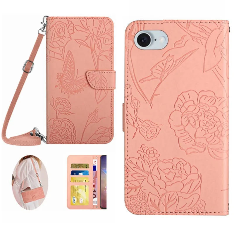 HT03 For iPhone 17e / 16e Leather Case with Shoulder Strap Butterfly Wallet Phone Cover - Pink