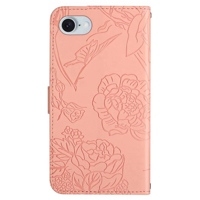 HT03 For iPhone 17e / 16e Leather Case with Shoulder Strap Butterfly Wallet Phone Cover - Pink