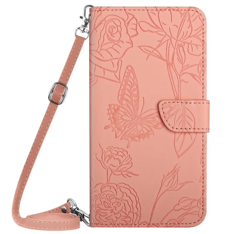 HT03 For iPhone 17e / 16e Leather Case with Shoulder Strap Butterfly Wallet Phone Cover - Pink