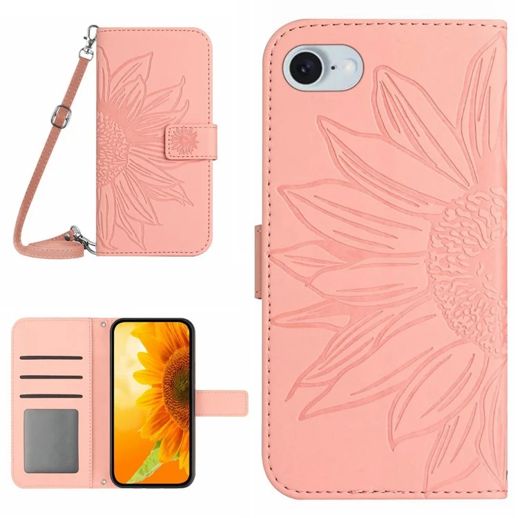 HT04 For iPhone 16e Case Sunflower PU Leather+TPU Phone Cover with Shoulder Strap - Pink
