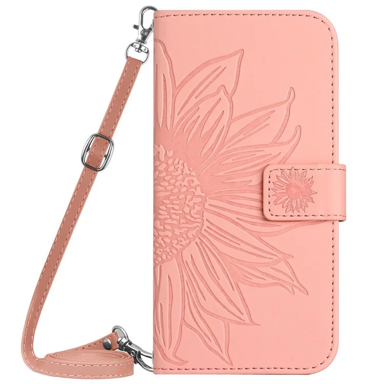 HT04 For iPhone 16e Case Sunflower PU Leather+TPU Phone Cover with Shoulder Strap - Pink