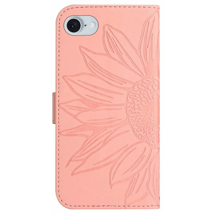 HT04 For iPhone 16e Case Sunflower PU Leather+TPU Phone Cover with Shoulder Strap - Pink