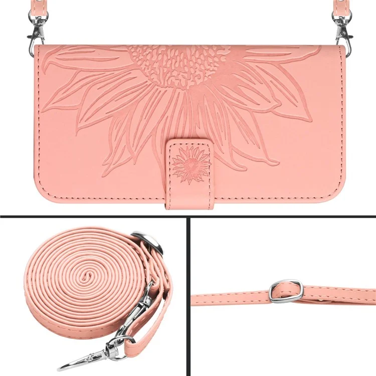 HT04 For iPhone 16e Case Sunflower PU Leather+TPU Phone Cover with Shoulder Strap - Pink