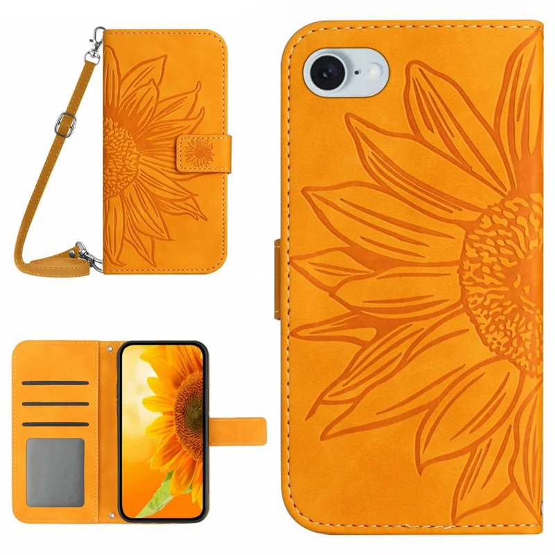 HT04 For iPhone 17e / 16e Case Sunflower PU Leather+TPU Phone Cover with Shoulder Strap - Yellow