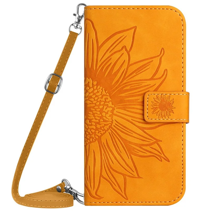 HT04 For iPhone 17e / 16e Case Sunflower PU Leather+TPU Phone Cover with Shoulder Strap - Yellow