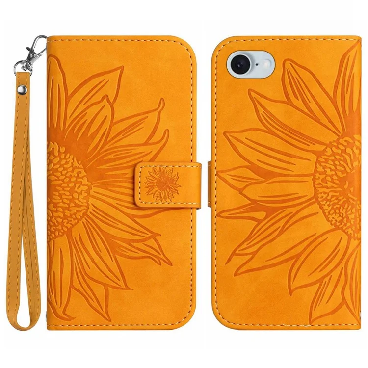 HT04 For iPhone 16e Case with Wrist Strap Sunflower Pattern Phone Wallet Cover - Yellow