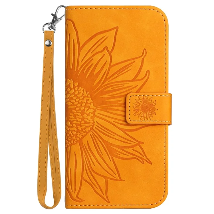 HT04 For iPhone 16e Case with Wrist Strap Sunflower Pattern Phone Wallet Cover - Yellow