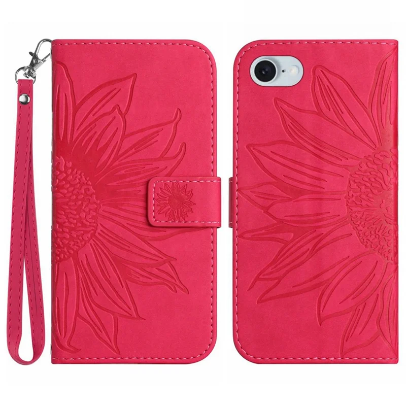 HT04 For iPhone 17e / 16e Case with Wrist Strap Sunflower Pattern Phone Wallet Cover - Rose