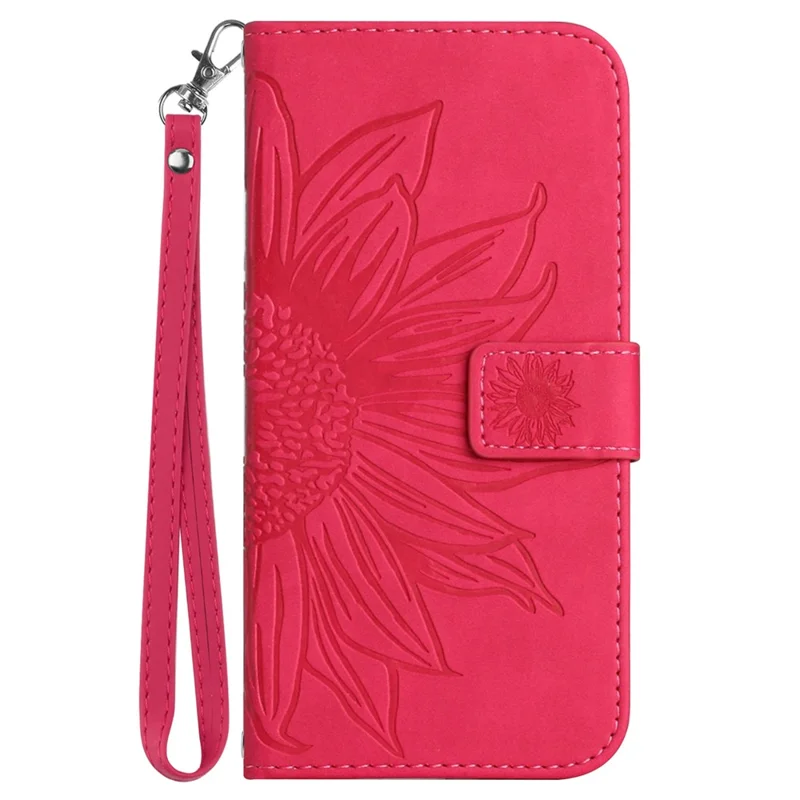 HT04 For iPhone 17e / 16e Case with Wrist Strap Sunflower Pattern Phone Wallet Cover - Rose