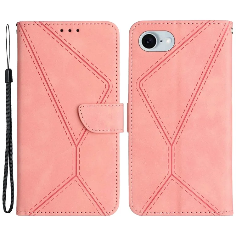 HT05 For iPhone 16e Case Shockproof Lines Imprinted PU Leather Phone Cover - Pink