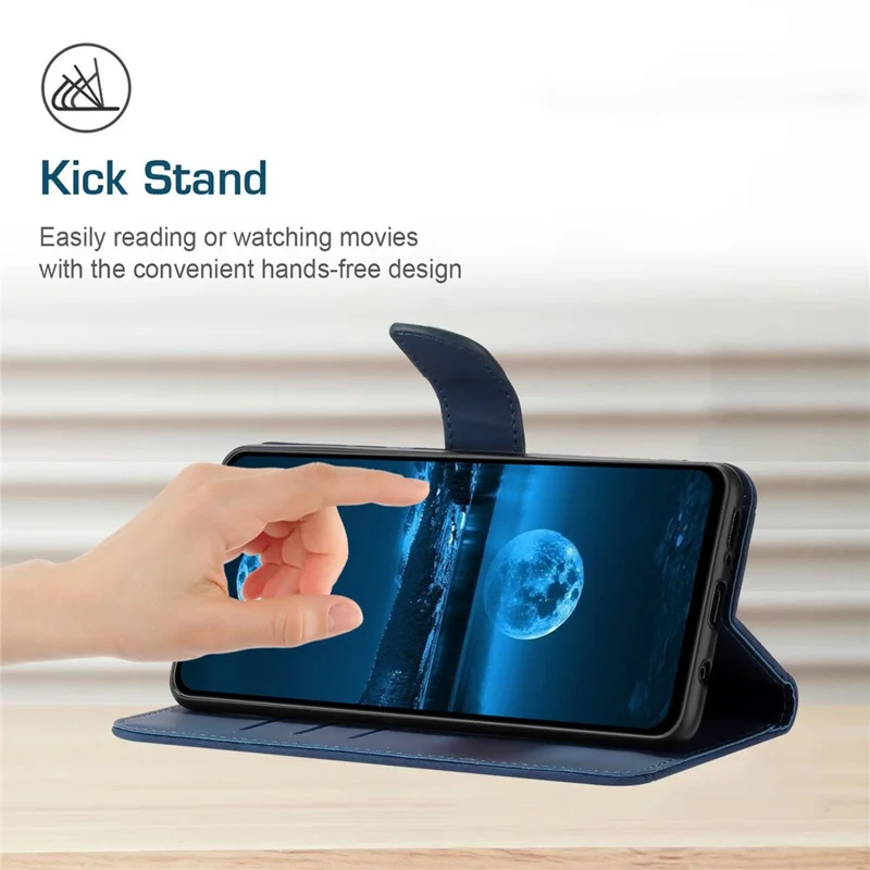 HT05 For iPhone 17e / 16e Case Shockproof Lines Imprinted PU Leather Phone Cover - Blue