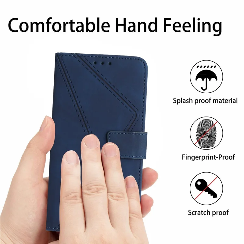 HT05 For iPhone 17e / 16e Case Shockproof Lines Imprinted PU Leather Phone Cover - Blue