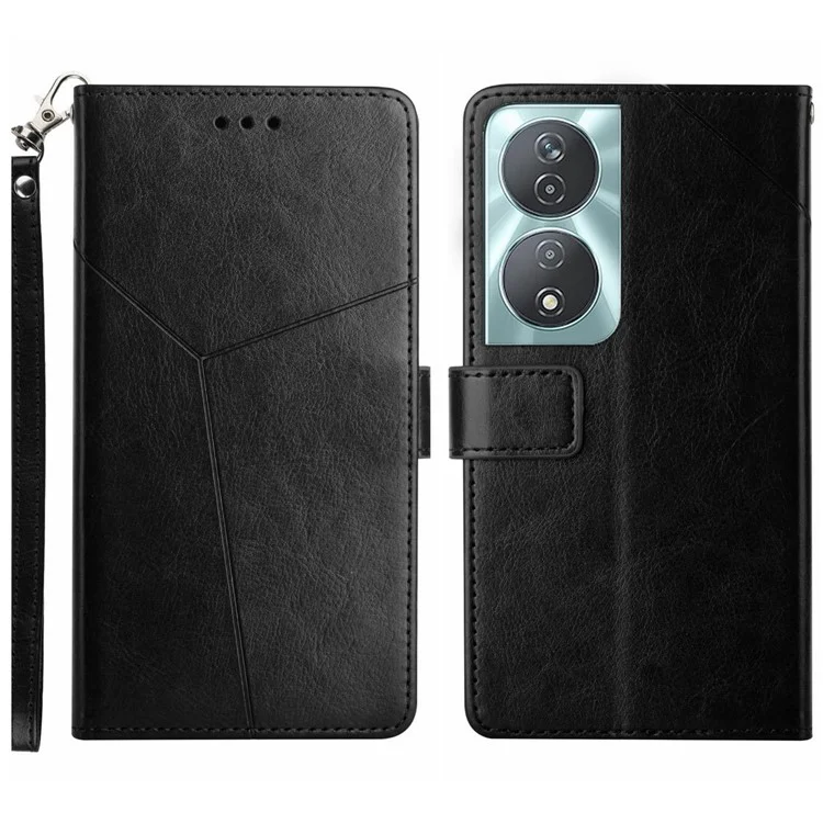 For Honor 90 Case with Wrist Strap Y Shaped Lines Imprint Leather Phone Cover - Black