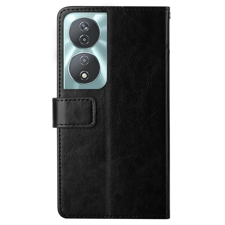 For Honor 90 Case with Wrist Strap Y Shaped Lines Imprint Leather Phone Cover - Black
