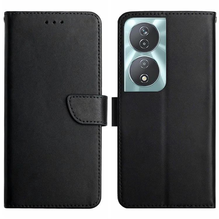 HT02 For Honor 90 Smart Cell Phone Cases Nappa Texture Genuine Cow Leather Stand Cover - Black