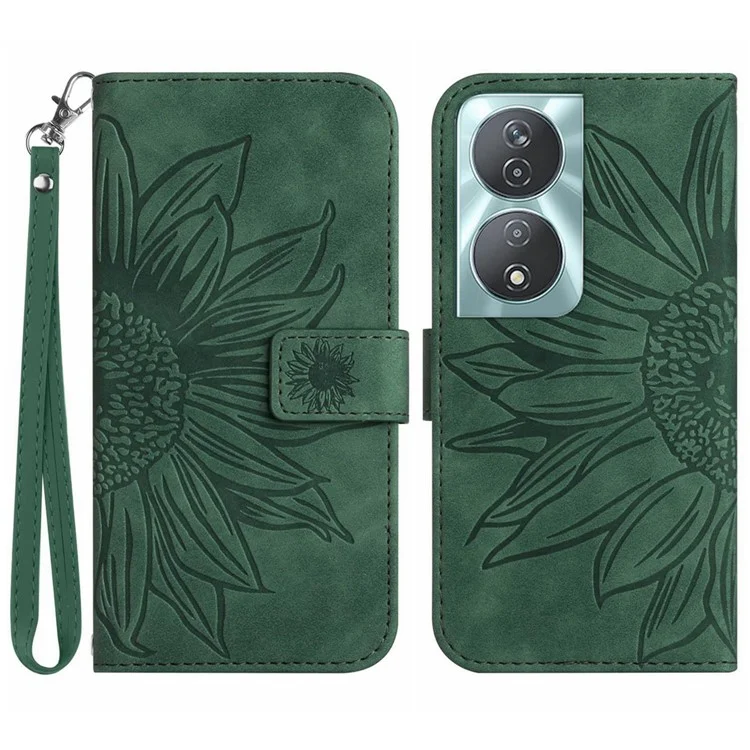 HT04 For Honor 90 Smart / X7b 4G Leather Wallet Case Sunflower Phone Cover with Wrist Strap - Dark Green