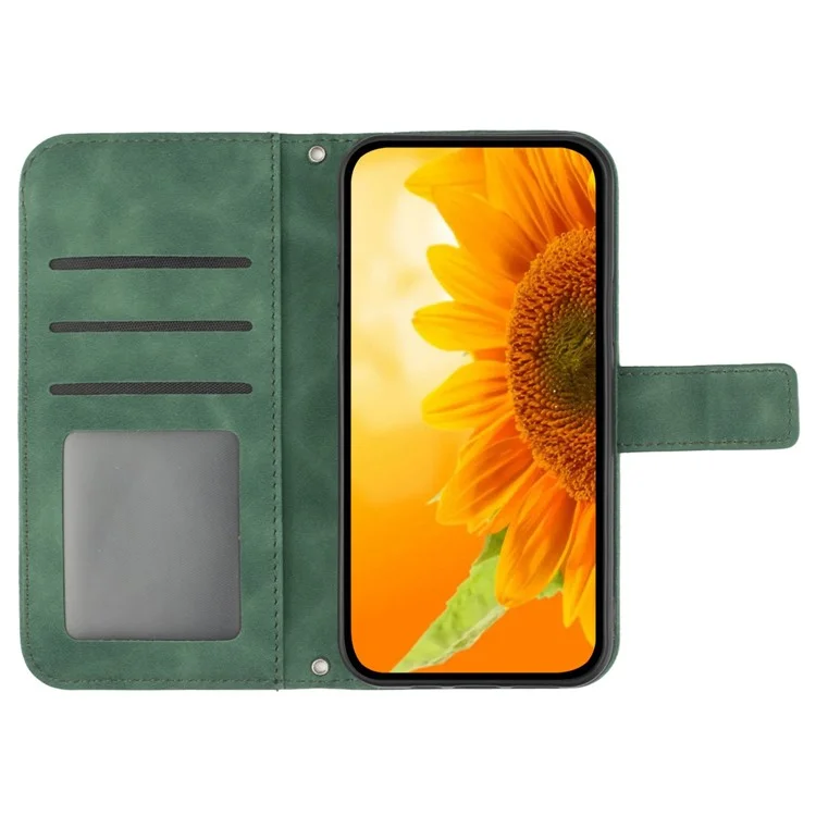 HT04 For Honor 90 Smart / X7b 4G Leather Wallet Case Sunflower Phone Cover with Wrist Strap - Dark Green