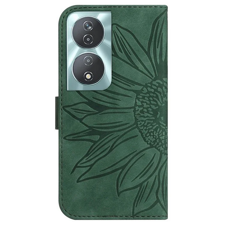HT04 For Honor 90 Smart / X7b 4G Leather Wallet Case Sunflower Phone Cover with Wrist Strap - Dark Green