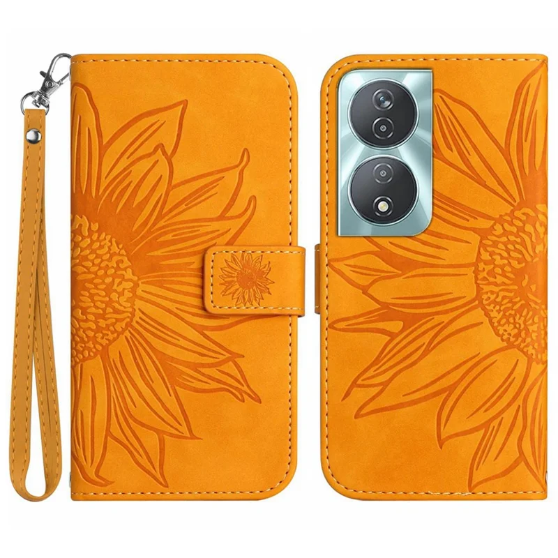 HT04 For Honor 90 Smart / X7b 4G Leather Wallet Case Sunflower Phone Cover with Wrist Strap - Yellow