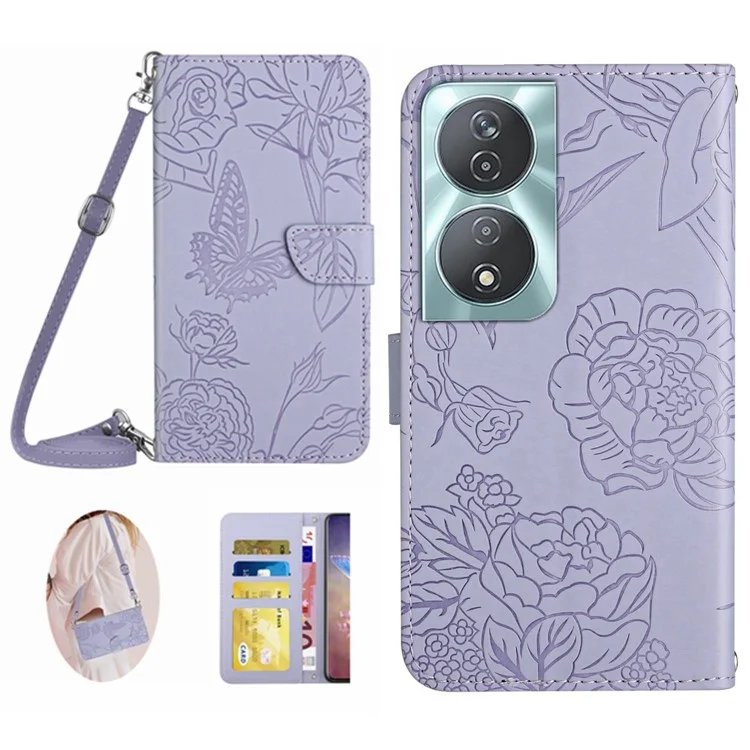 HT03 For Honor 90 Smart /  X7b 4G Crossbody Leather Phone Case Butterfly Wallet Cover - Purple