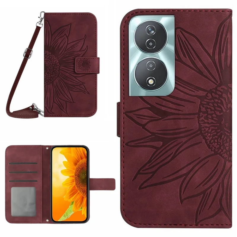 HT04 For Honor 90 Smart / X7b 4G Case Sunflower Leather Phone Cover with Shoulder Strap - Wine Red