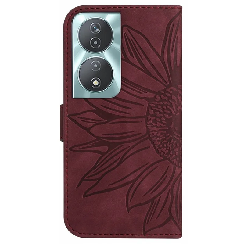 HT04 For Honor 90 Smart / X7b 4G Case Sunflower Leather Phone Cover with Shoulder Strap - Wine Red