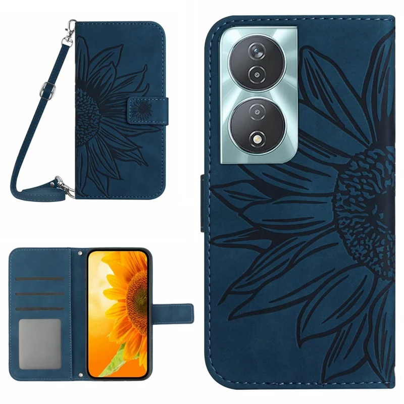 HT04 For Honor 90 Smart / X7b 4G Case Sunflower Leather Phone Cover with Shoulder Strap - Dark Blue