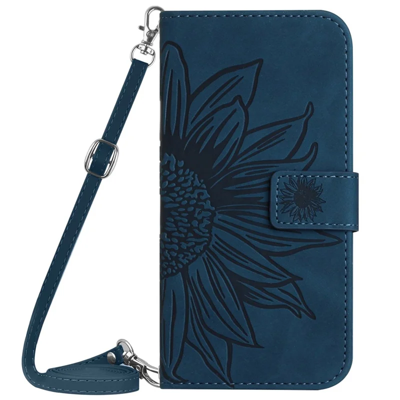 HT04 For Honor 90 Smart / X7b 4G Case Sunflower Leather Phone Cover with Shoulder Strap - Dark Blue