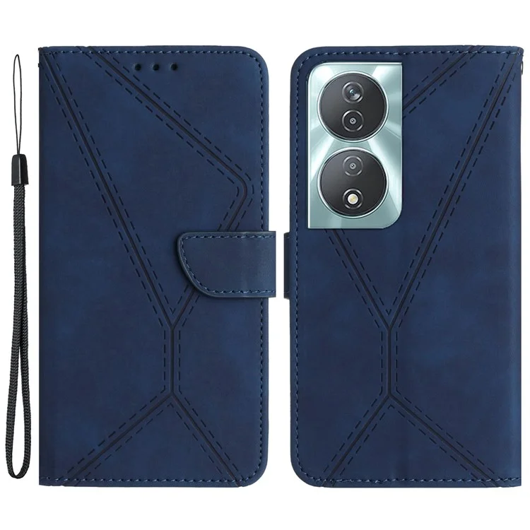HT05 For Honor 90 Smart / X7b 4G Magnetic Phone Case Lines Imprinted Leather Flip Stand Cover - Blue
