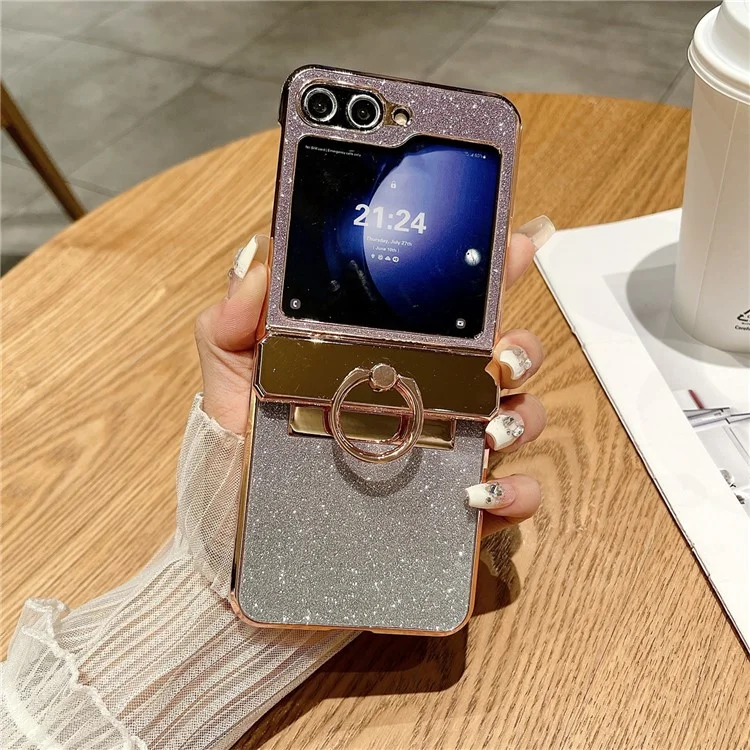 For Samsung Galaxy Z Flip5 5G Glitter Design Hard PC Phone Cover with Ring Kickstand - Purple