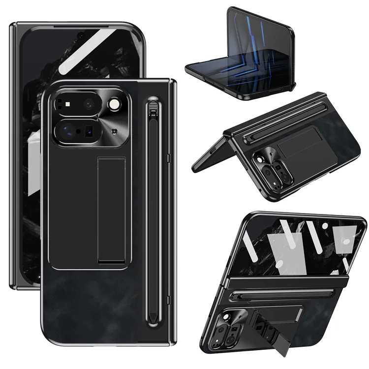 Pour Google Pixel 9 Pro Fold 5G Étui Béquille en cuir + PC Housse de téléphone avec film en verre trempé et stylet - Noir