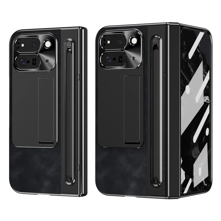 Pour Google Pixel 9 Pro Fold 5G Étui Béquille en cuir + PC Housse de téléphone avec film en verre trempé et stylet - Noir