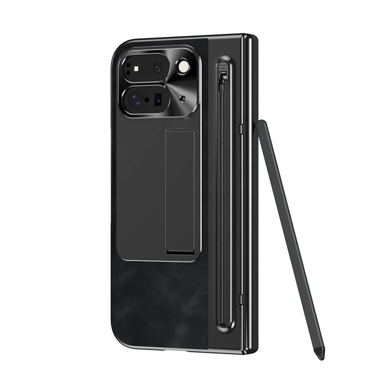 Pour Google Pixel 9 Pro Fold 5G Étui Béquille en cuir + PC Housse de téléphone avec film en verre trempé et stylet - Noir