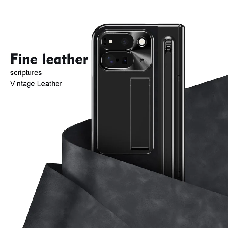 Pour Google Pixel 9 Pro Fold 5G Étui Béquille en cuir + PC Housse de téléphone avec film en verre trempé et stylet - Noir