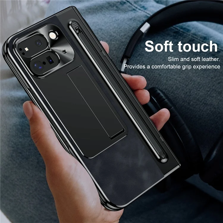 Pour Google Pixel 9 Pro Fold 5G Étui Béquille en cuir + PC Housse de téléphone avec film en verre trempé et stylet - Noir