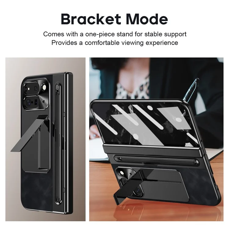 Pour Google Pixel 9 Pro Fold 5G Étui Béquille en cuir + PC Housse de téléphone avec film en verre trempé et stylet - Noir