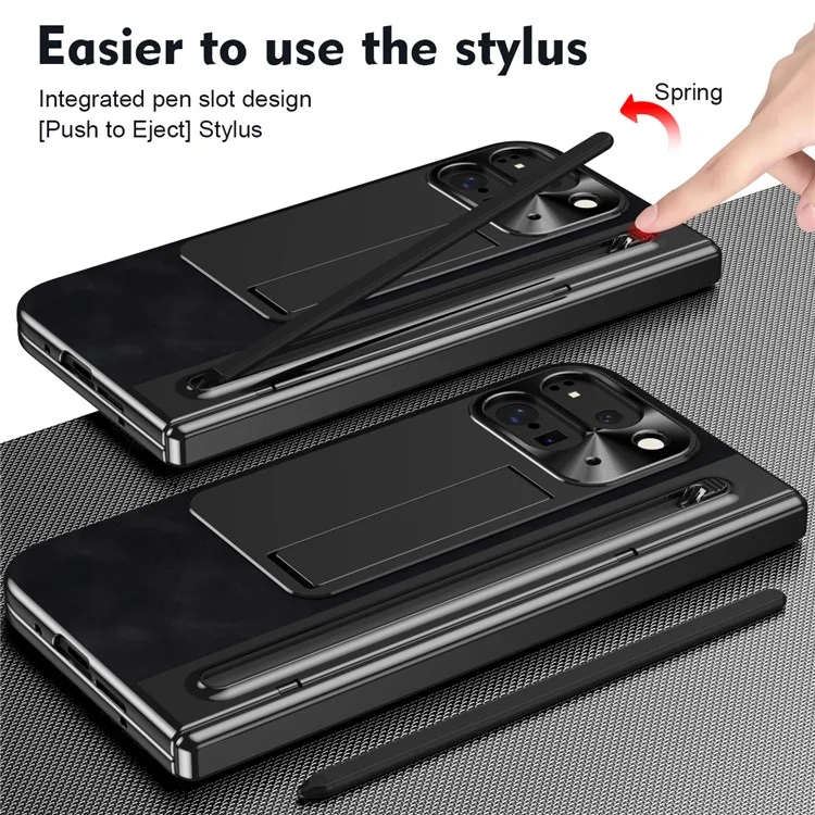 Pour Google Pixel 9 Pro Fold 5G Étui Béquille en cuir + PC Housse de téléphone avec film en verre trempé et stylet - Noir