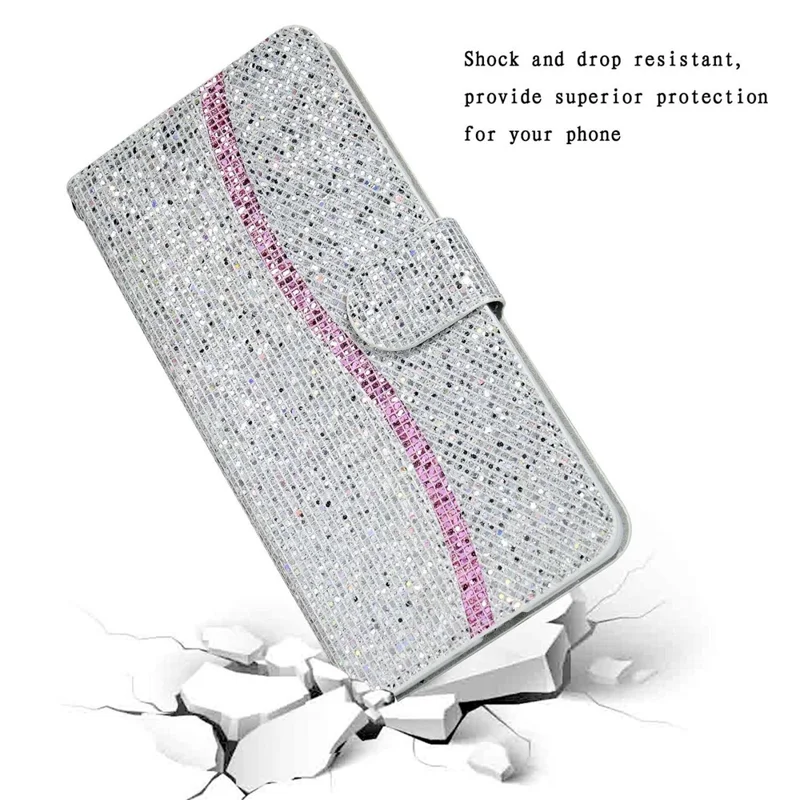 For Samsung Galaxy S24 Ultra Case Glitter Splicing Leather Wallet Stand Phone Cover - Silver