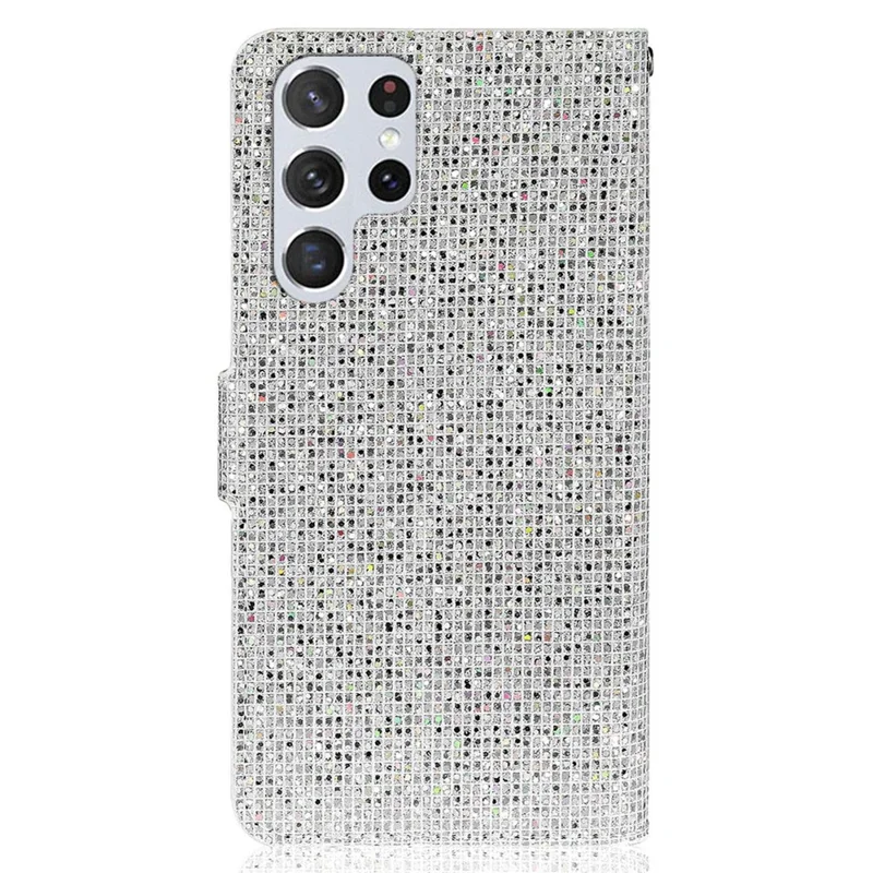 For Samsung Galaxy S24 Ultra Case Glitter Splicing Leather Wallet Stand Phone Cover - Silver