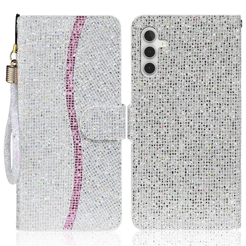 For Samsung Galaxy S25+ / S24+ Case PU Leather Wallet Card Slots Glitter Phone Cover - Silver