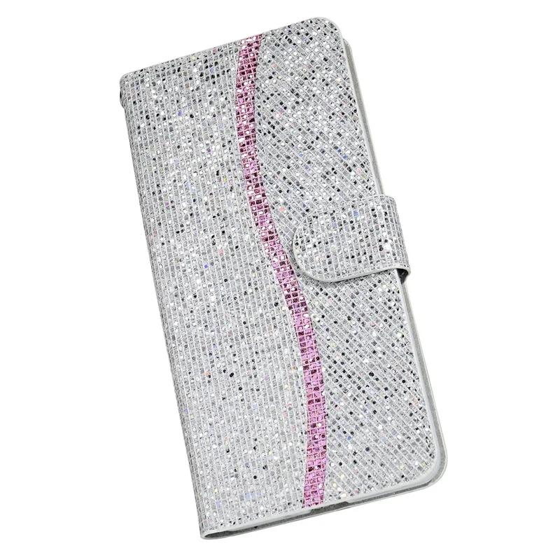 For Samsung Galaxy S25+ / S24+ Case PU Leather Wallet Card Slots Glitter Phone Cover - Silver